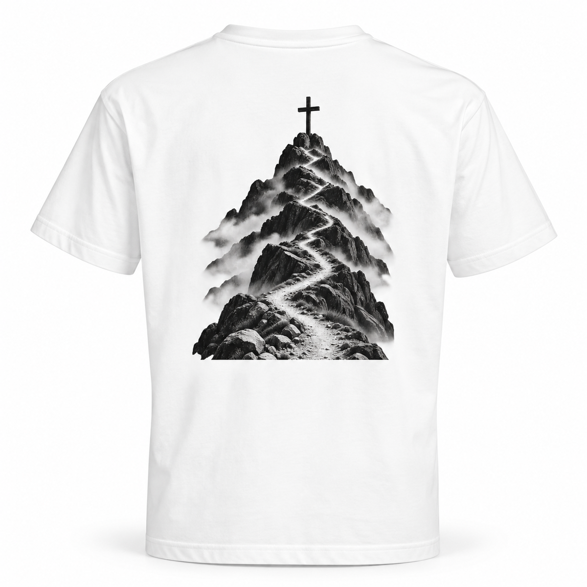 Wit LONEPRAYERS® Discipline T-shirt van de achterkant met berg, pad en kruis