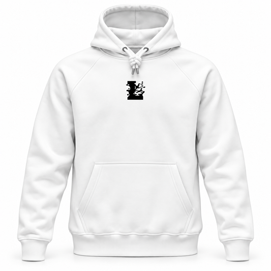Witte LONEPRAYERS® Icoon Hoodie van de voorkant met zwart icoon op de borst en geknoopte koorden
