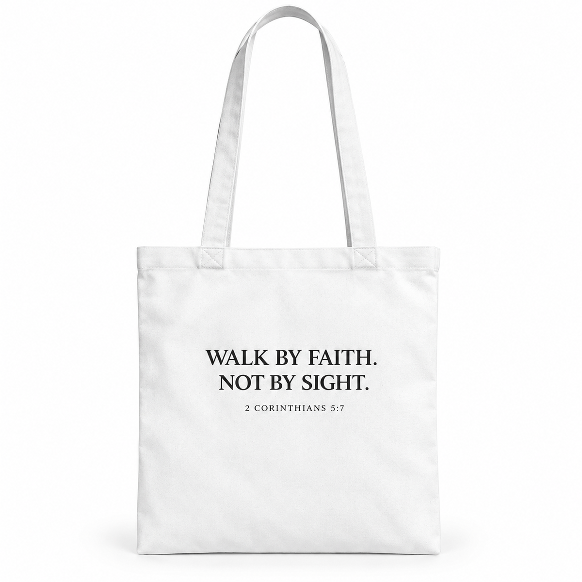 Witte Icoon Tote van LONEPRAYERS® met de tekst Walk by Faith. Not by Sight. en 2 Corinthians 5:7