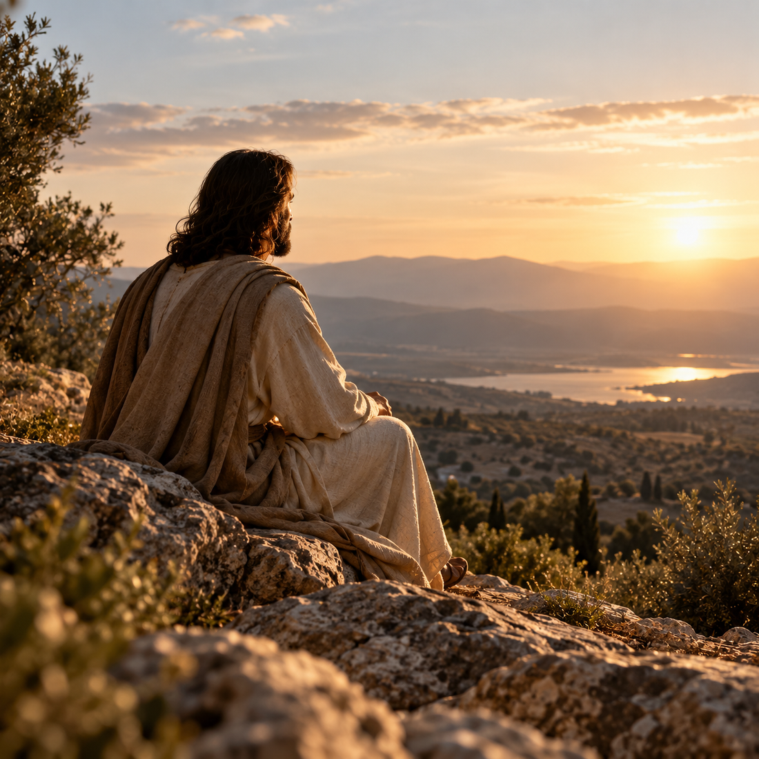 Jezus zit in stilte op een rots en kijkt uit over een bergachtig landschap bij zonsopkomst