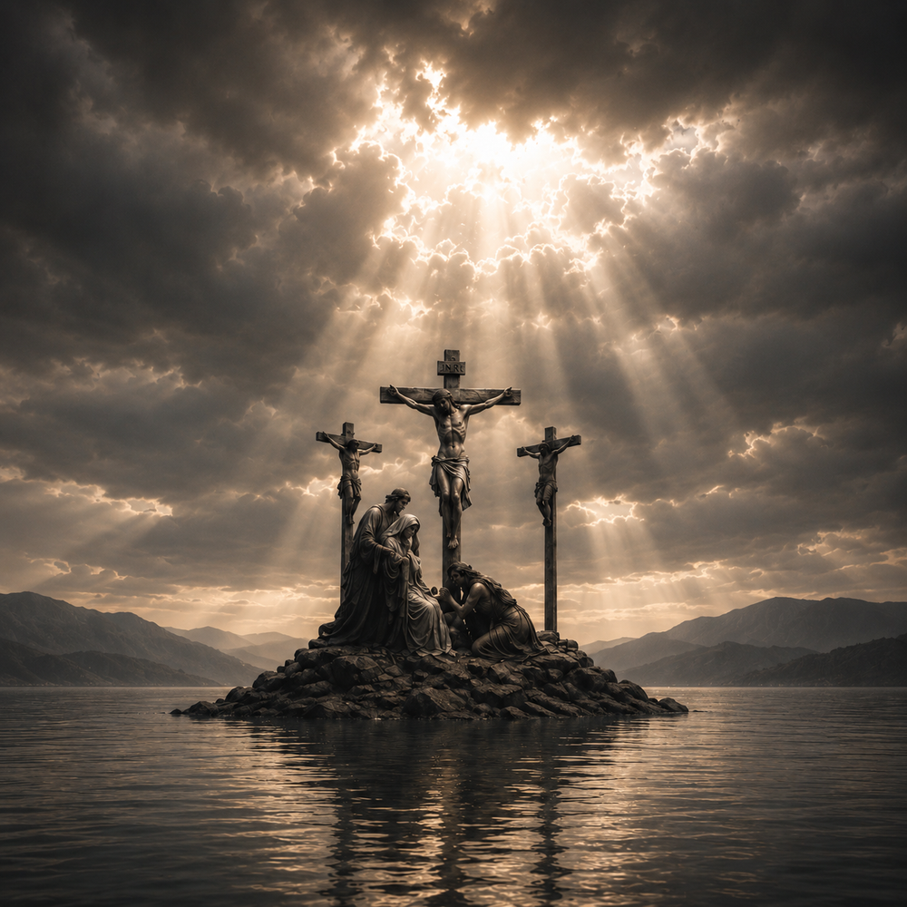 Kruisiging van Jezus Christus onder dramatische hemel met lichtstralen als symbool van geloof en verlossing.