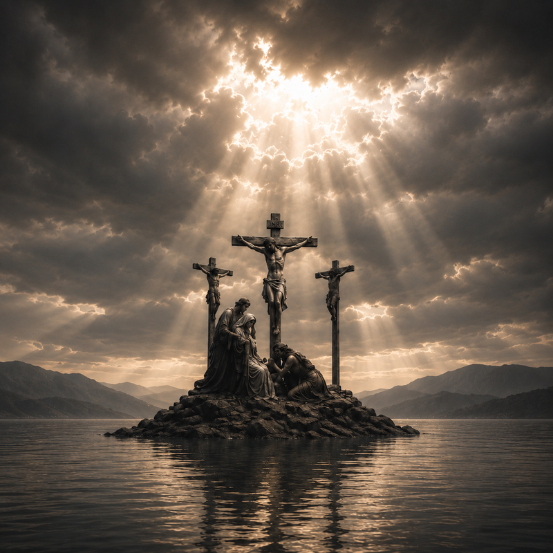 Kruisiging van Jezus Christus onder dramatische hemel met lichtstralen als symbool van geloof en verlossing.