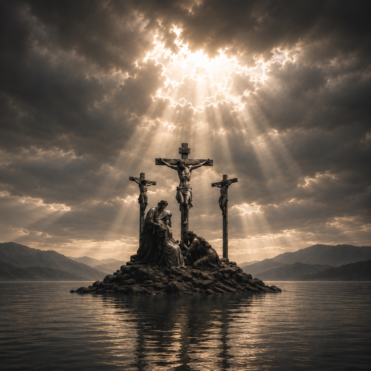 Kruisiging van Jezus Christus onder dramatische hemel met lichtstralen als symbool van geloof en verlossing.