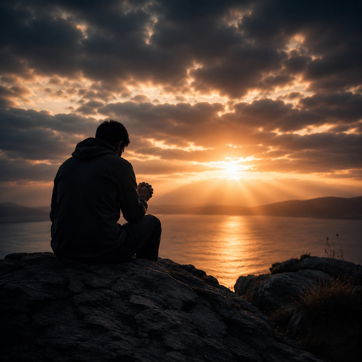 Een silhouet van een biddende persoon zit op een rots aan het water tijdens zonsondergang. Donkere wolken openen zich voor warme zonnestralen die over het rustige water schijnen, wat een sfeer van hoop, geloof en vertrouwen uitstraalt. 