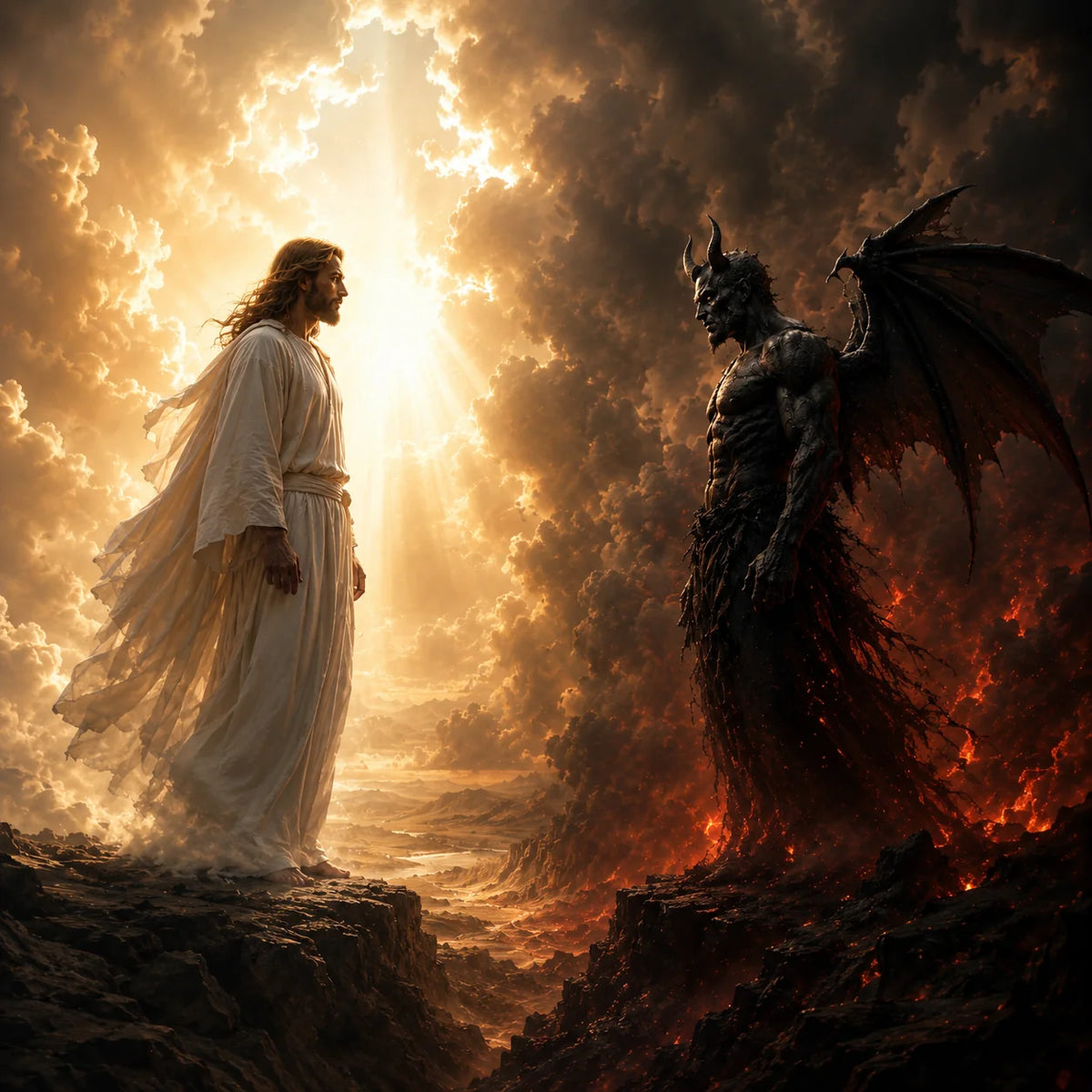 Jezus Christus tegenover Satan te midden van een indrukwekkend landschap, met hemels licht en donkere wolken aan de ene kant en vuur en duisternis aan de andere kant.