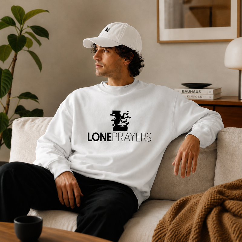 Lifestyle mockup van de witte LONEPRAYERS® crewneck en Icon Cap in een modern interieur.