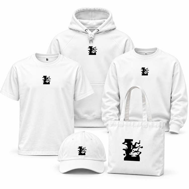 LONEPRAYERS® collectie met witte T-shirts, hoodie, crewneck, cap en tote bag met zwart icoon
