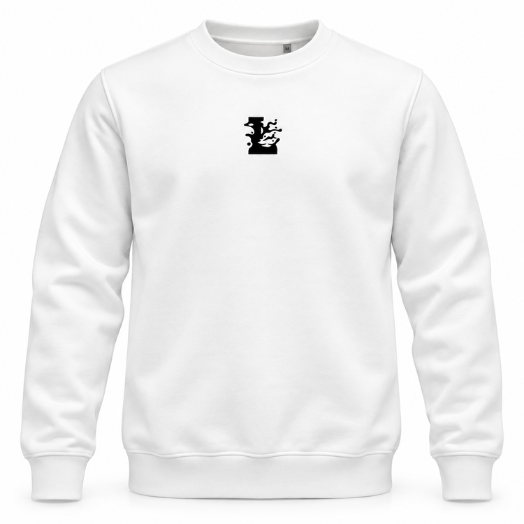 Witte LONEPRAYERS® Icoon Crewneck van de voorkant met zwart icoon op de borst