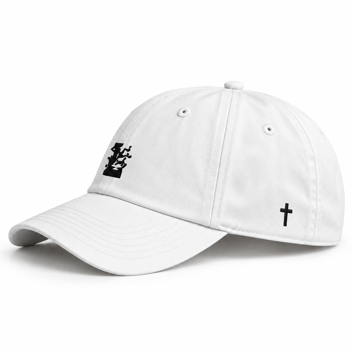 Witte Icoon Cap van LONEPRAYERS® van de zijkant met zwart geborduurd icoon en subtiel kruis