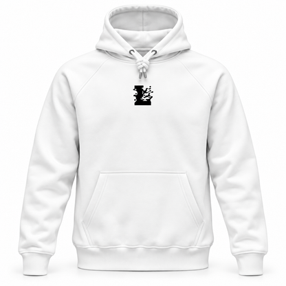Witte LONEPRAYERS® Icoon Hoodie van de voorkant met zwart icoon op de borst en geknoopte koorden