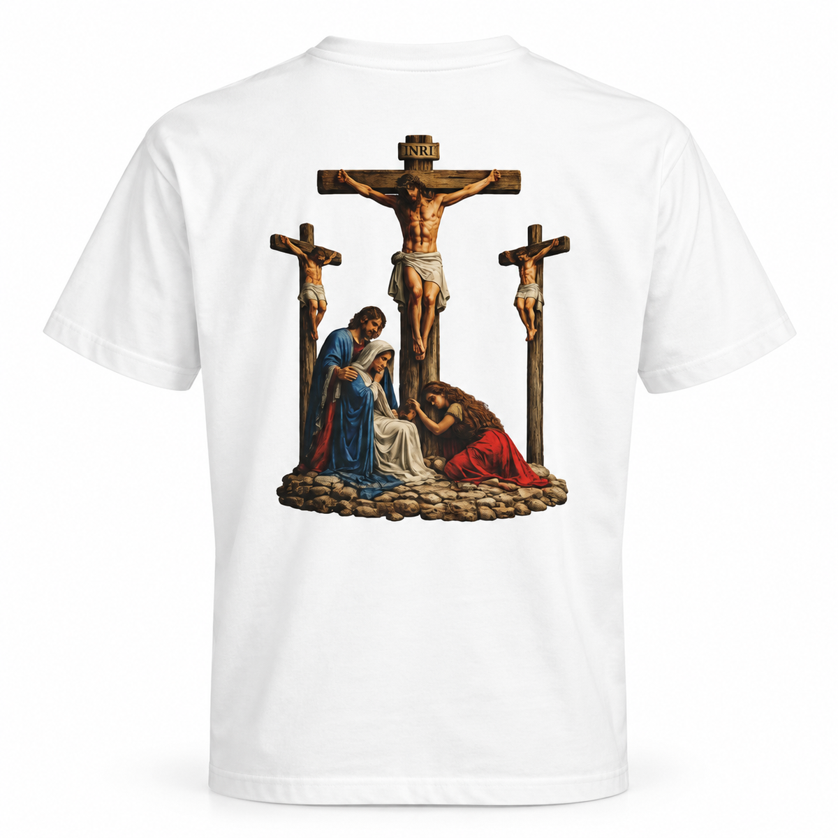 Wit LONEPRAYERS® Kruisbeeld T-shirt van de achterkant met kruisigingsscène