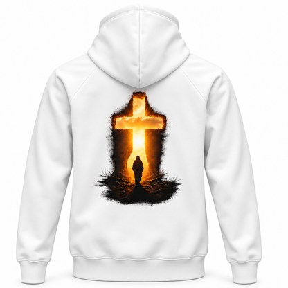 Witte LONEPRAYERS® Kruislicht Hoodie van de achterkant met lichtgevend kruis en silhouet