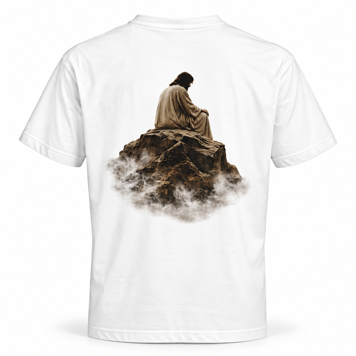 Wit LONEPRAYERS® Stilte T-shirt van de achterkant met Jezus in stilte op een berg